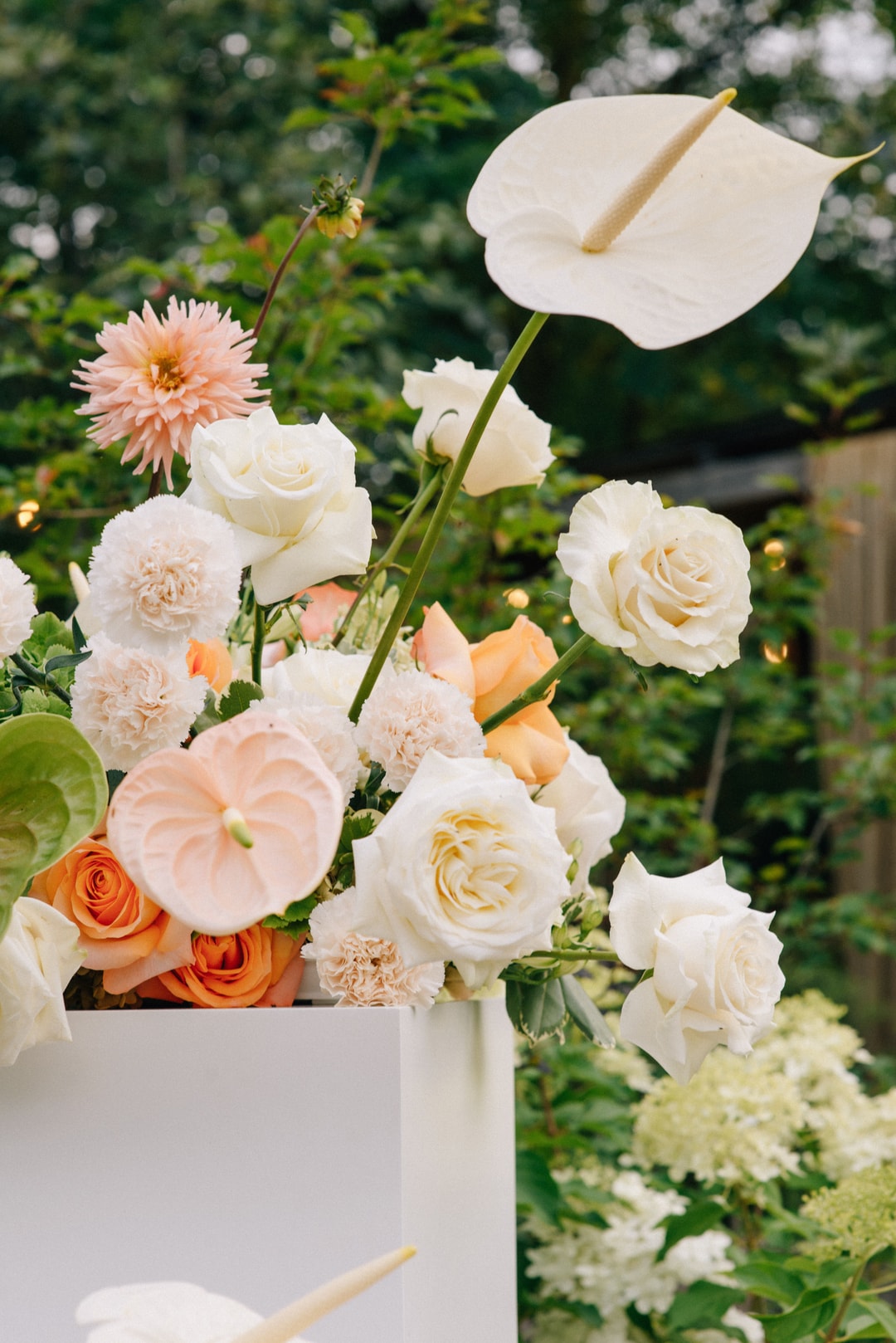 Kompozycja kwiatowa na stół z białymi różami, dalią w pastelowych tonach i kwiatami anthurium, w jasnej palecie kolorów