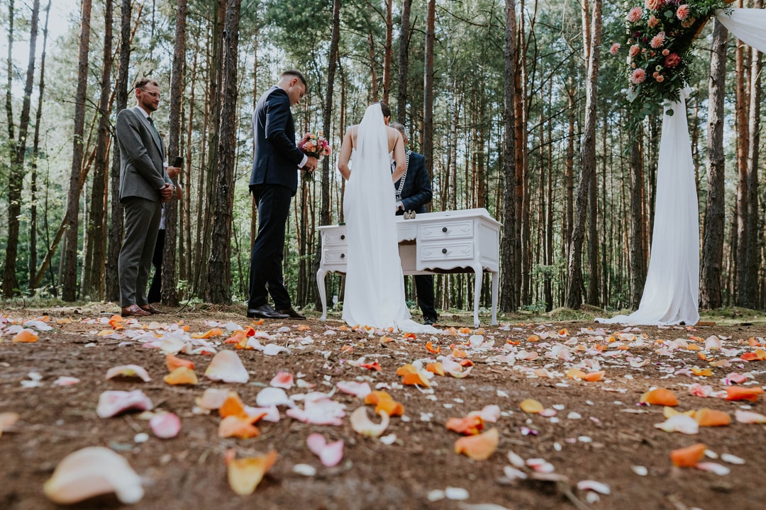 Ceremonia ślubna w lesie z białą komodą, łukiem kwiatowym, płatkami na ziemi i gośćmi w strojach formalnych
