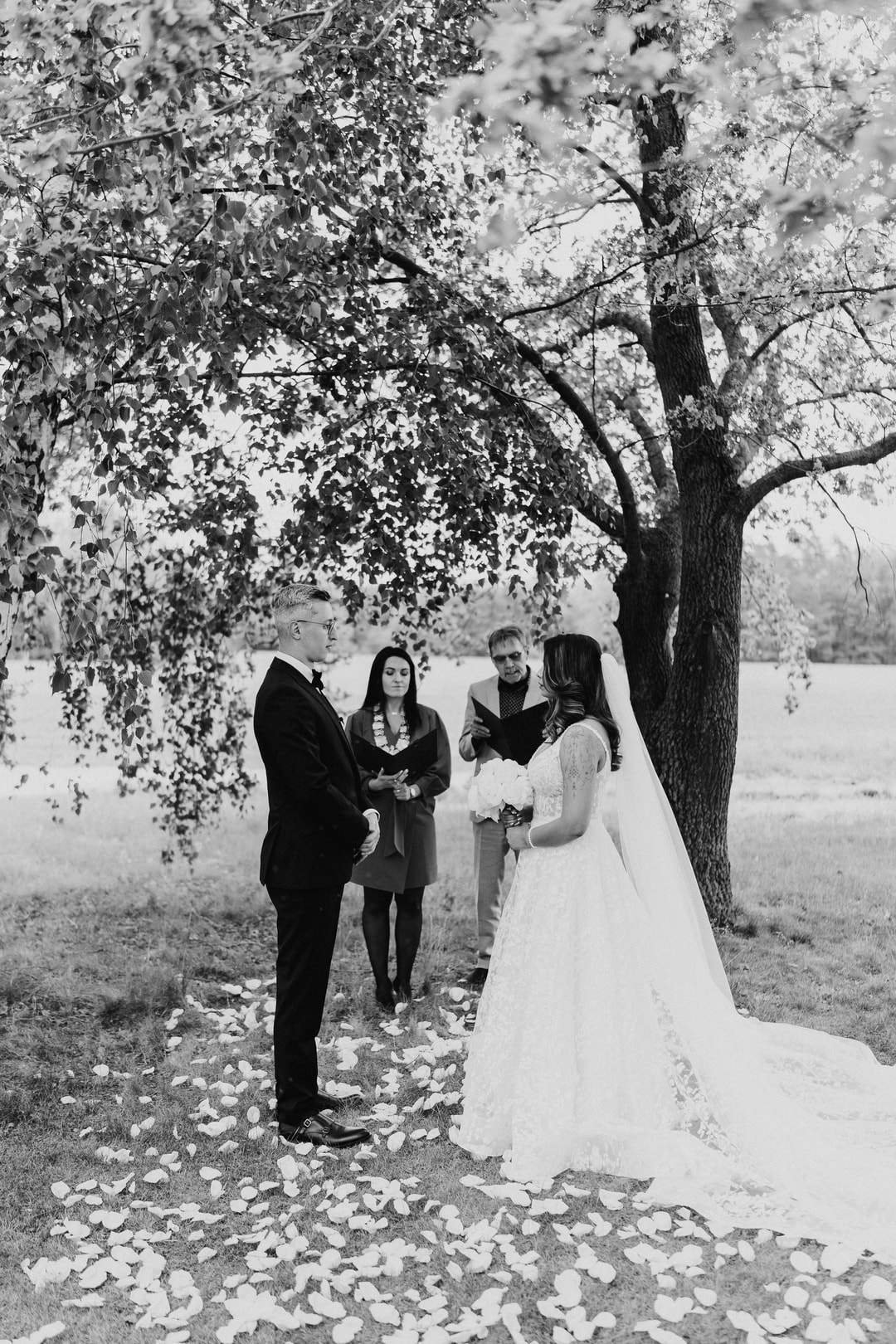 Ceremonia ślubna pod starym drzewem, panna młoda w białej sukni, pan młody, celebrant i goście przy łuku kwiatowym z płatkami.