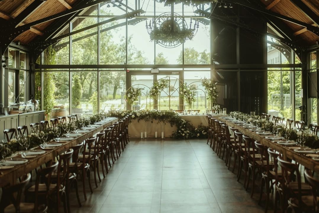Długa sala weselna z dużymi oknamiи drewnianymi sufitami, dwa rzędy stołów z drewnianymi krzesłami, dekoracje sali weselnej z zielenią i kwiatami, светло через wysokie okna.