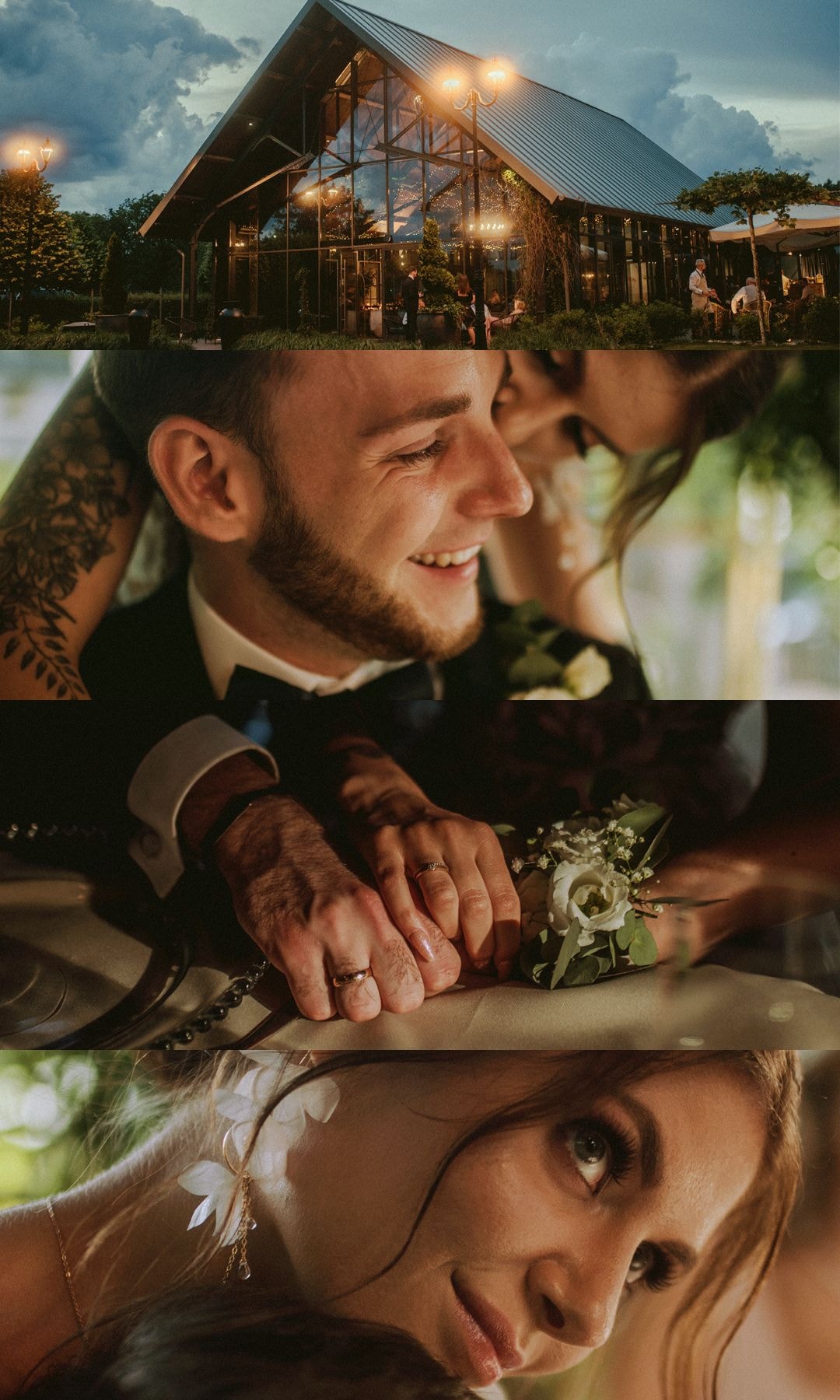 Szklana sala weselna oświetlona wieczorem z gośćmi w środku, drewniana konstrukcja dachu, naturalne otoczenie.