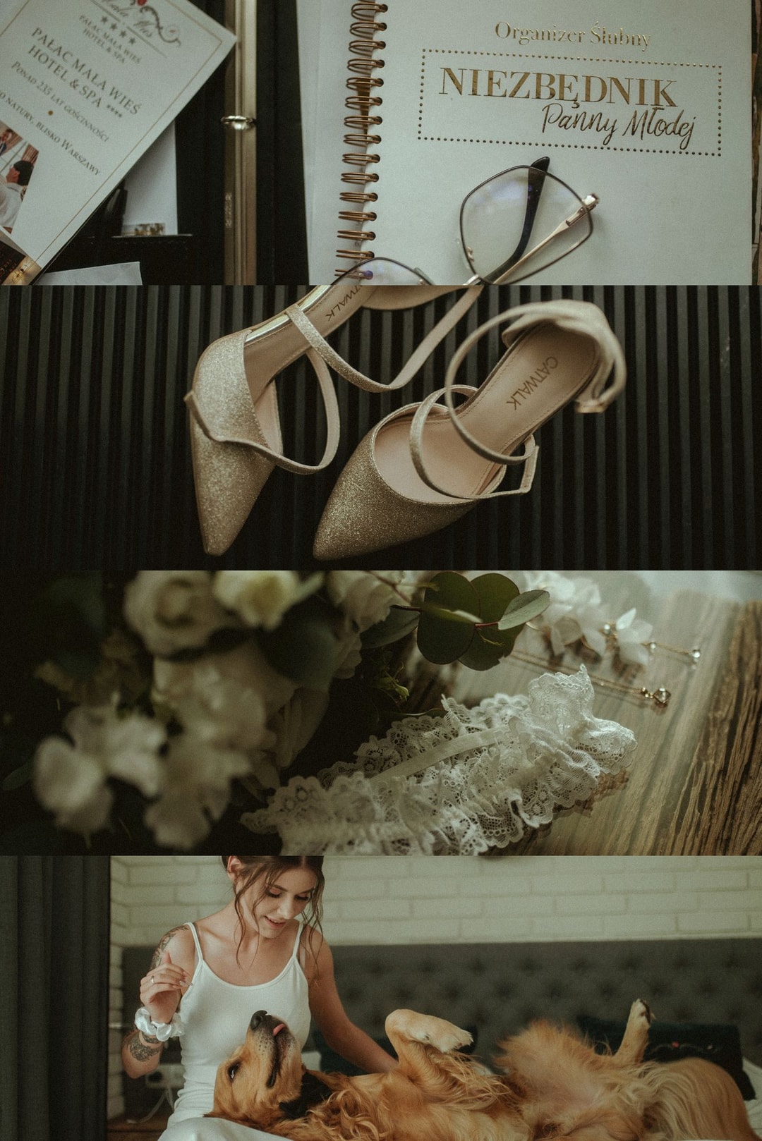 Złote buty ślubne z delikatnymi paskami na striped tle, organizer ślubny w tle