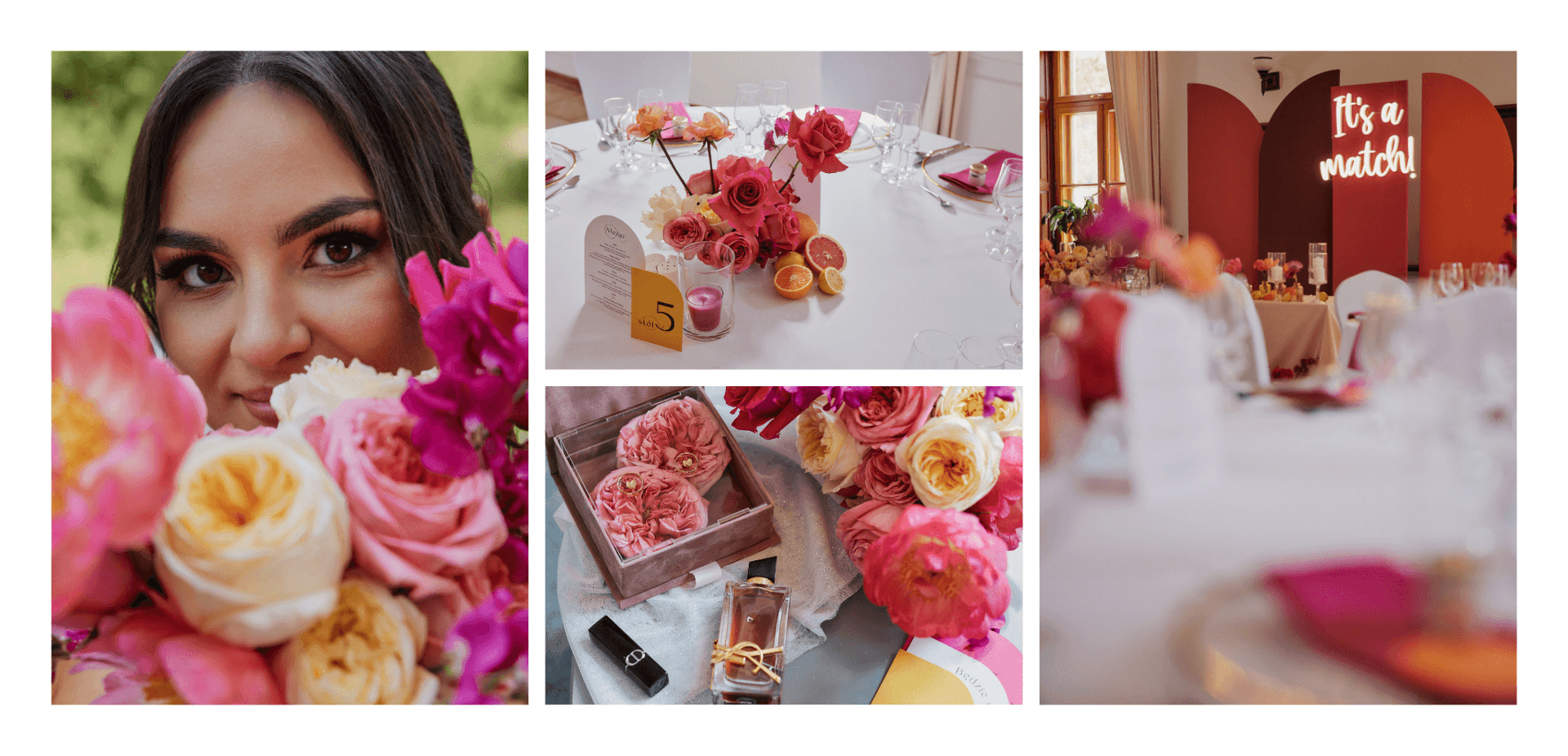 Romantyczne dekoracje ślubne w różowych odcieniach - bukiety róż, stylowe nakrycie stołu i eleganckie dodatki.